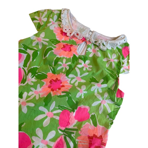 Lilly Pulitzer Green Pink Floral Lace Collar Lined Cotton Dress Girl's 12 - Picture 1 of 5